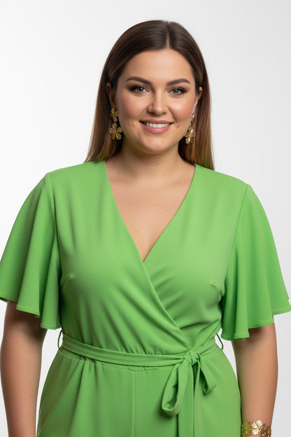 escote mono largo con manga de volante color pistacho