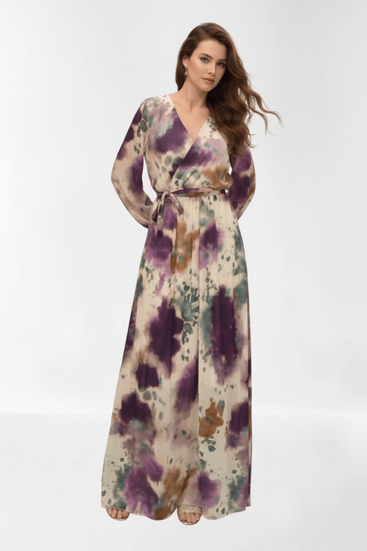 Vestido de Fiesta Largo Villach - Estampado Manga Larga y Escote Pico Multicolor U (38 40 42) 100% poliester