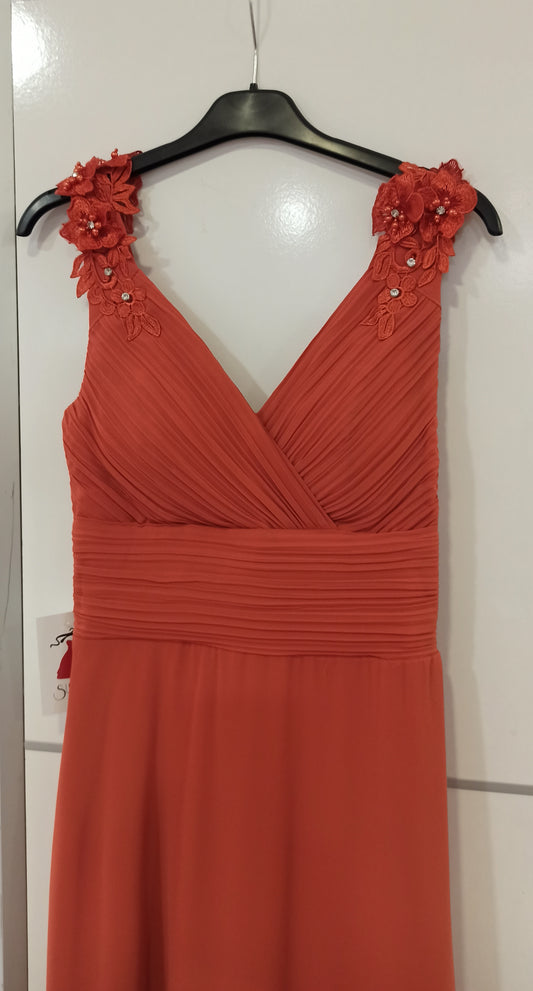 escote vestido de fiesta largo escote pico con tirantes de flores teja