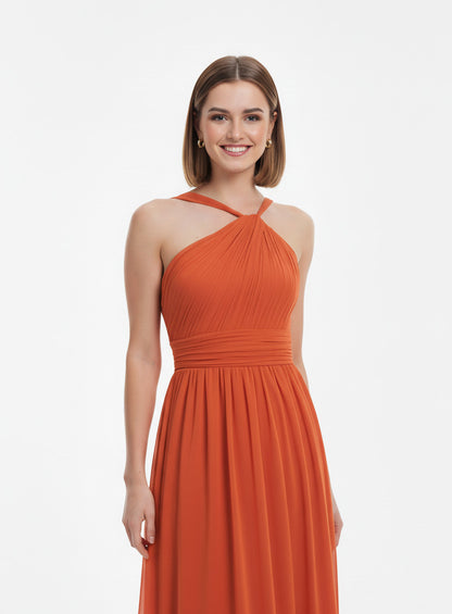 escote vestido de fiesta largo escote asimétrico naranja