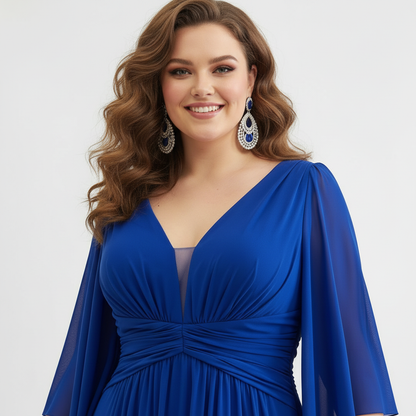 escote  vestido de fiesta azul royal largo con hombreras y manga de vuelo