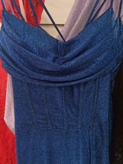 Escote Vestido fiesta largo con corsé Scanno azul tela con brillos