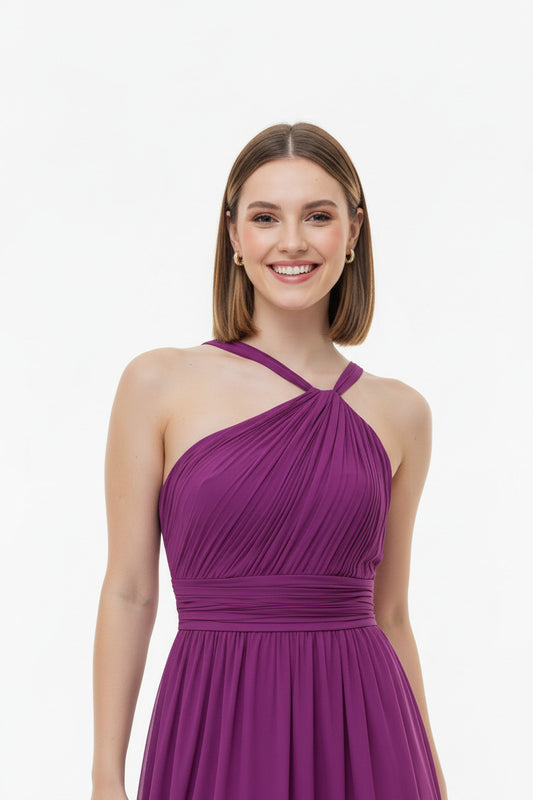 escote vestido de fiesta largo escote asimétrico magenta