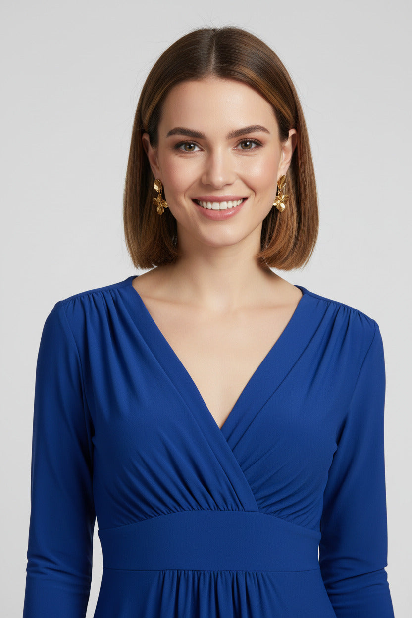 vestido de fiesta largo con manga tres quartos azul