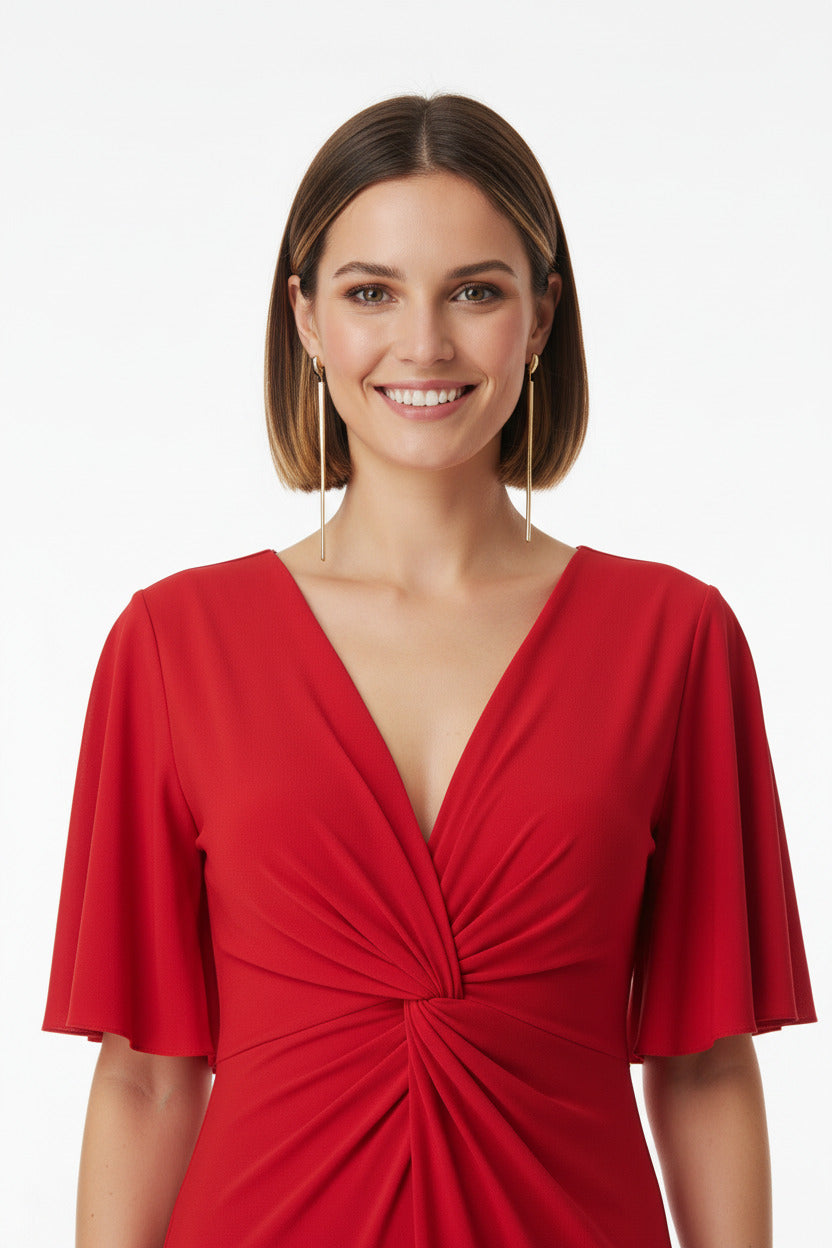 escote vestido de fiesta largo rojo manga corta con nudo en el escote