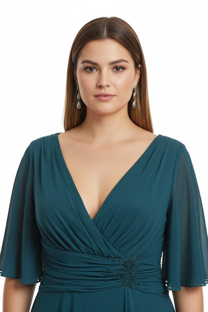 escote vestido de fiesta largo con manga corta y abertura en la falda verde azulado