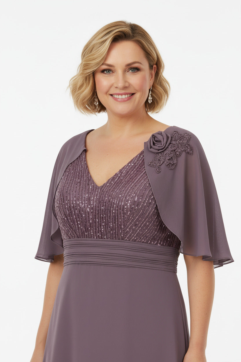 escote vestido de fiesta largo con capa talla grande y lentejuelas malva