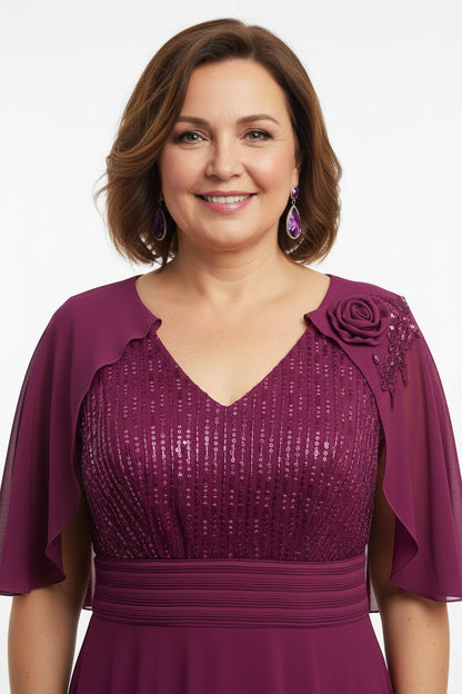 escote Vestido de invitada a boda Talla Grande con Lentejuelas color magenta