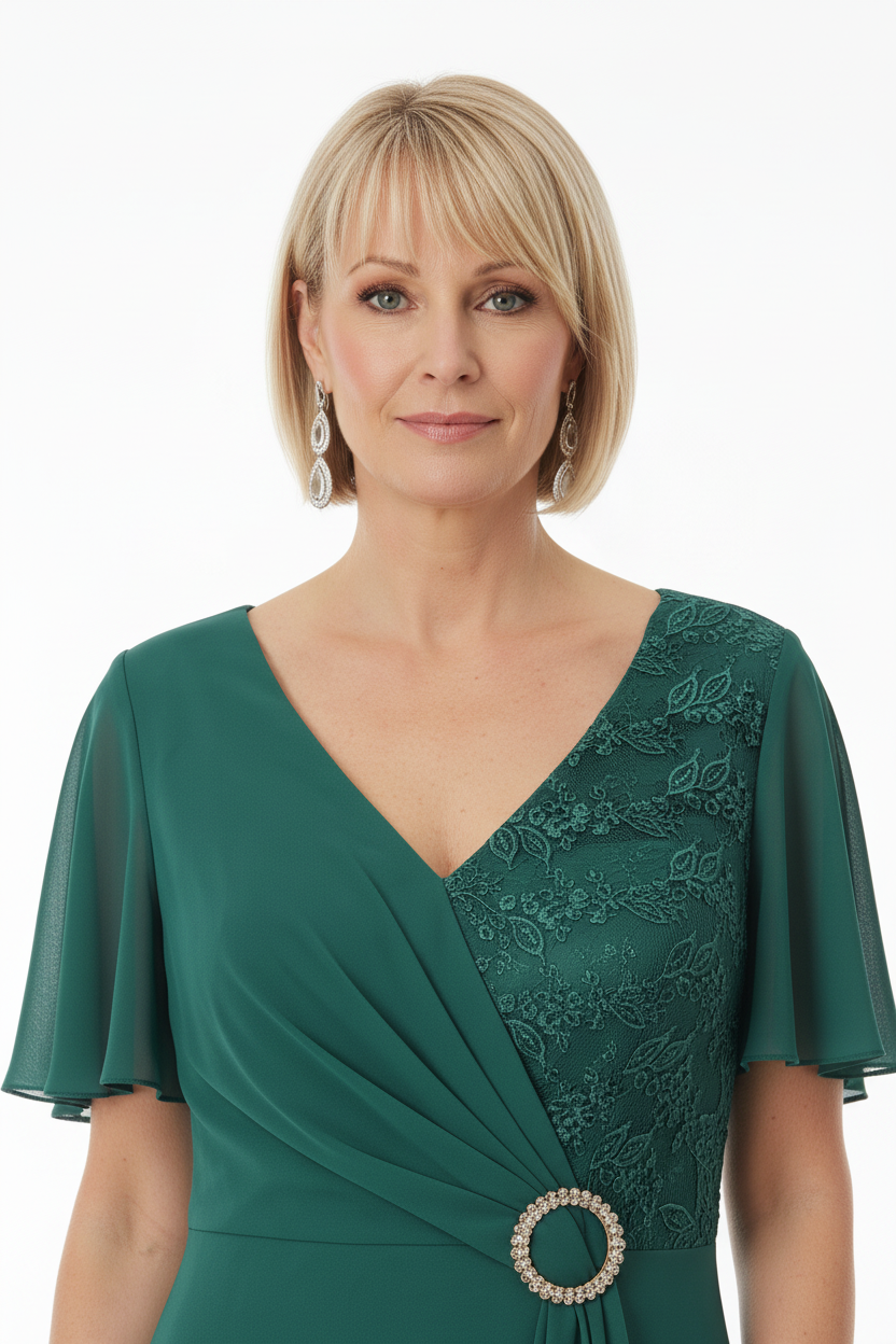 escotevestido de fiesta largo con escote pico con encaje y brillos y falda de vuelo verde