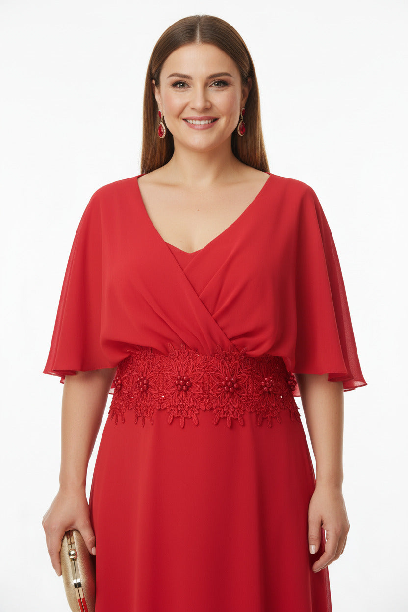 escote Vestido de Fiesta invitada boda largo Talla Grande Encaje en la Cintura rojo