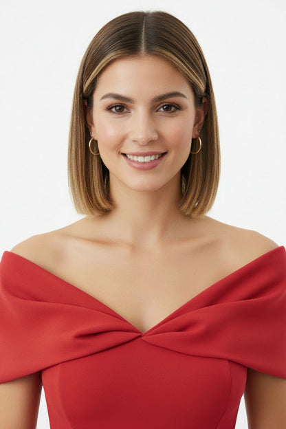 escote vestido de fiesta sirena con escote bardot y abertura rojo