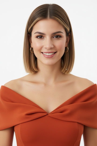 escote vestido de fiesta sirena con escote bardot y abertura teja