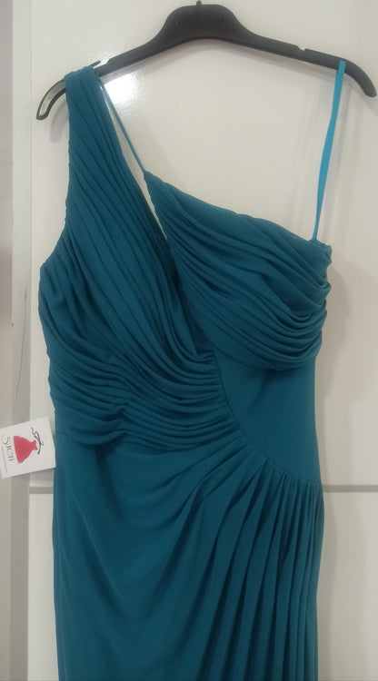 escote vestido sirena con escote asimétrico y espalda de corset verde azulado