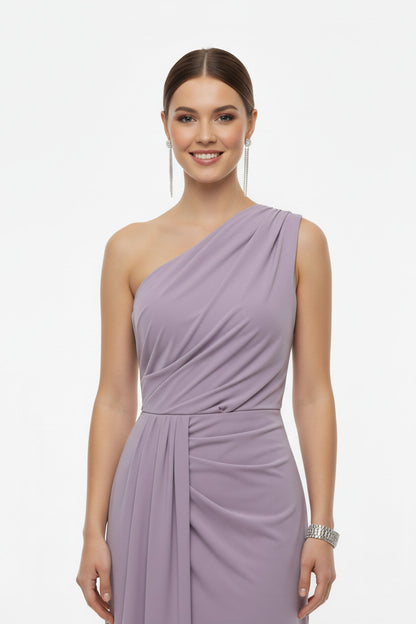 escote vestido sirena escote asimetrico lavanda