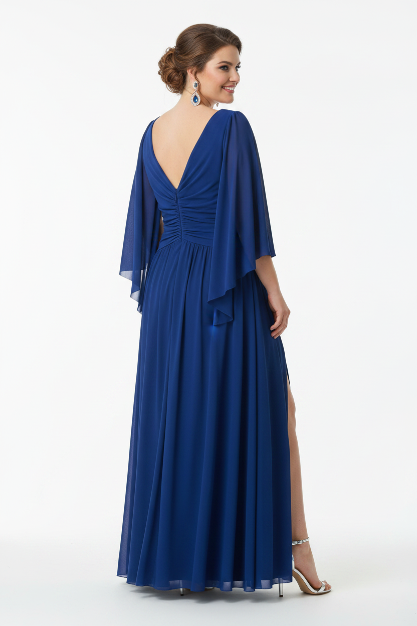 espalda  vestido de fiesta azul royal largo con hombreras y manga de vuelo