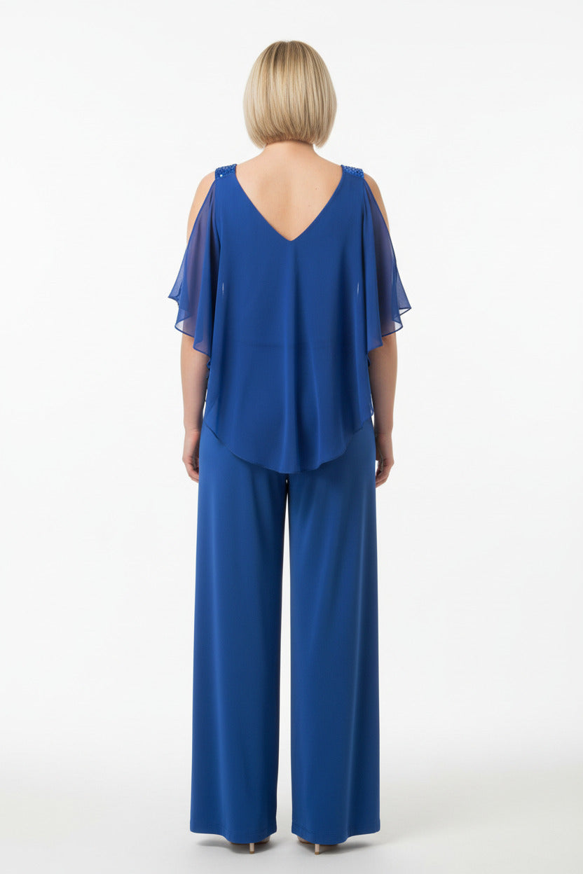 espalda mono elegante con capa de tul y tirantes de lentejuelas azul