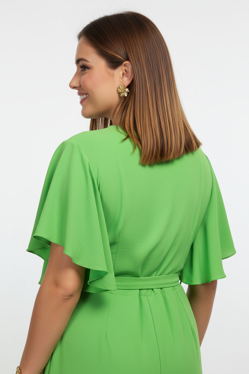espalda mono largo con manga de volante color pistacho
