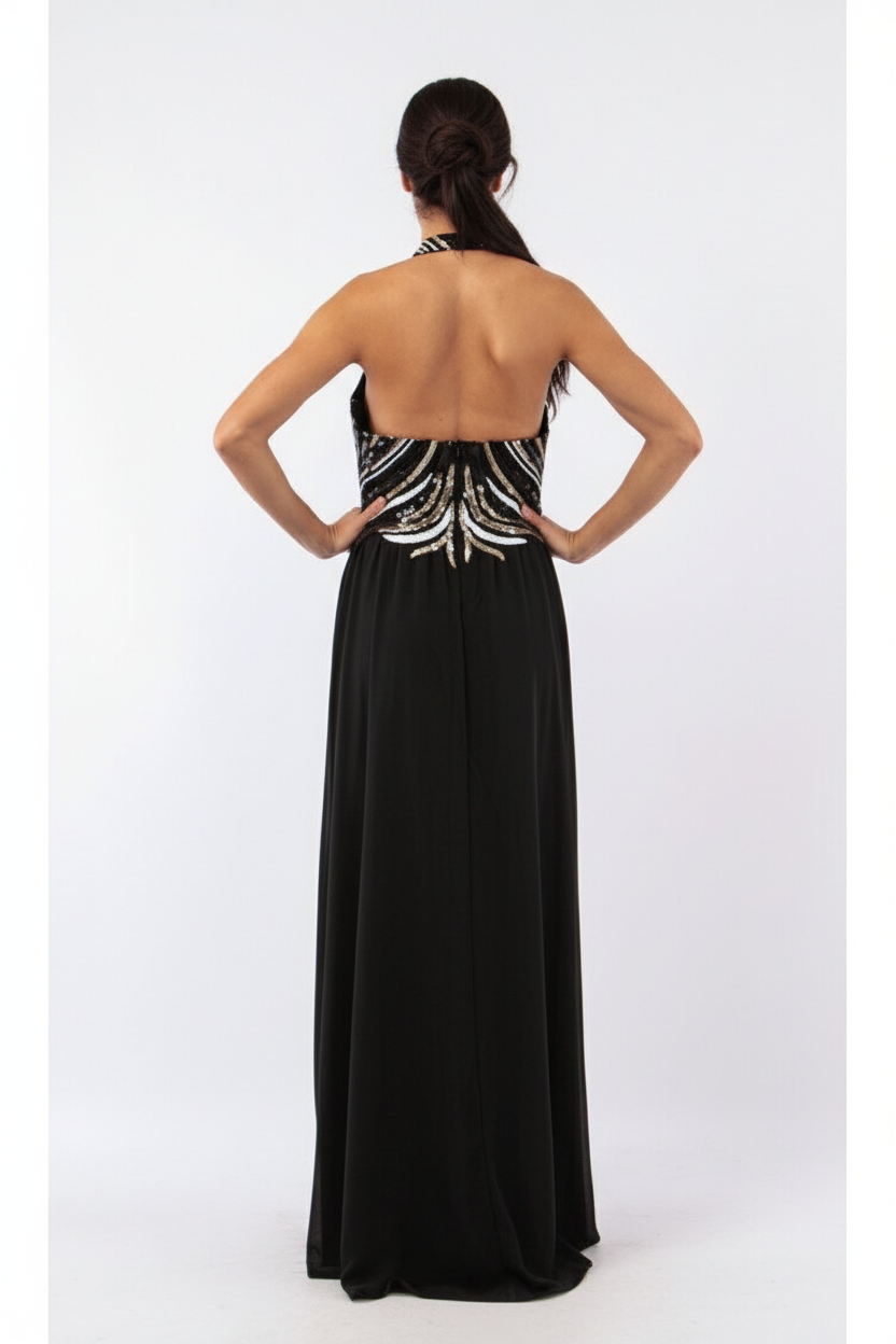Espalda Vestido de gala largo con lentejuelas y escote halter