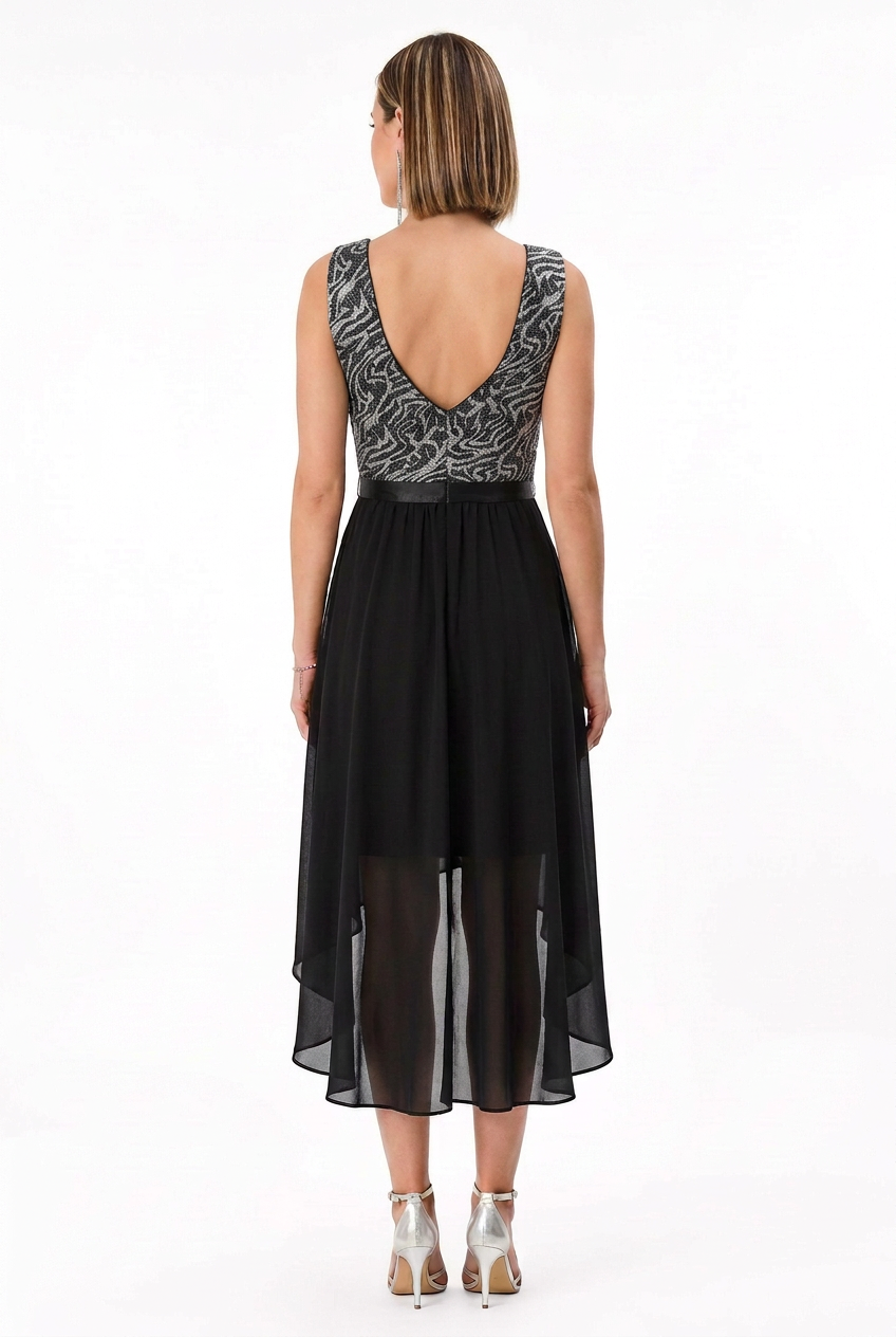 espalda vestido de fiesta corto con cola negro con plata