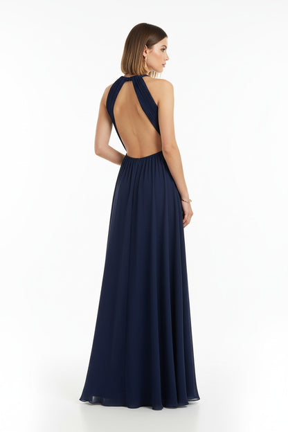 espalda vestido de fiesta largo escote halter y espalda abierta color marino