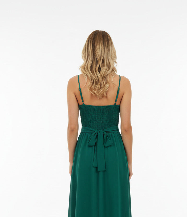 espalda Vestido de Fiesta Corto Turín con Falda de Vuelo y cola verde