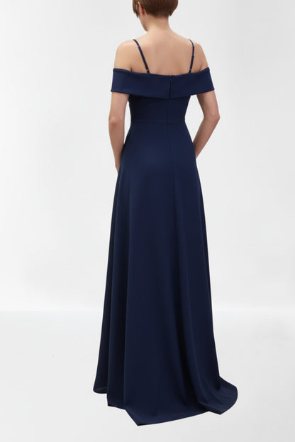 Espalda Vestido de fiesta largo para eventos con escote bardot color azul marino