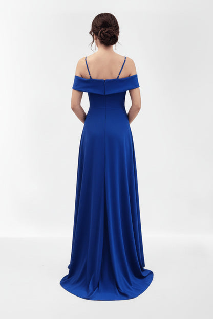 Espalda Vestido de fiesta largo para eventos con escote bardot color azul