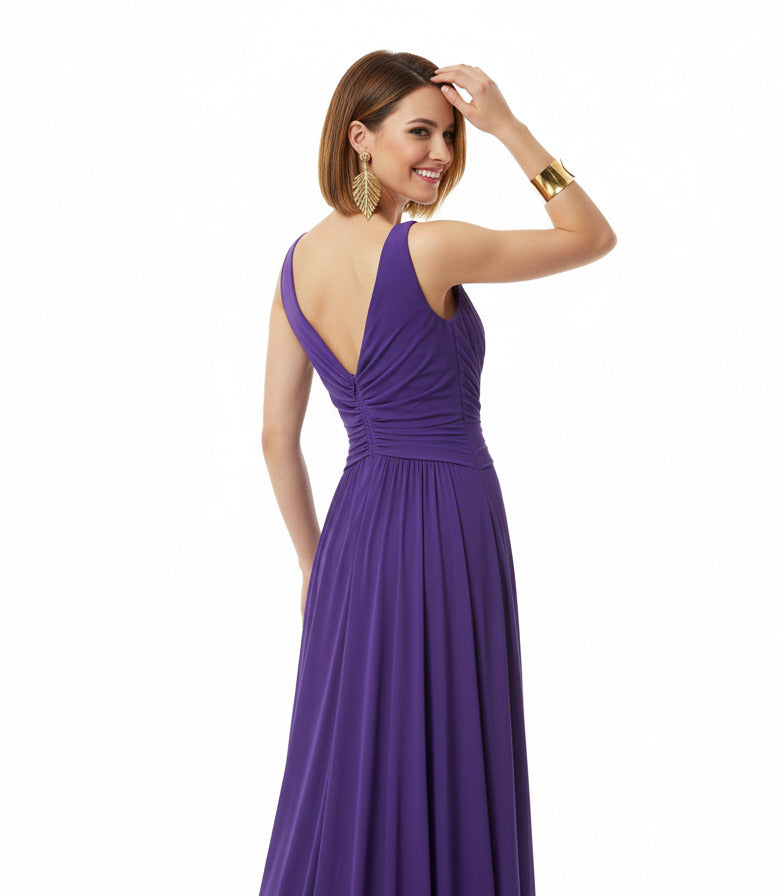 espalda  vestido fiesta escote pico morado