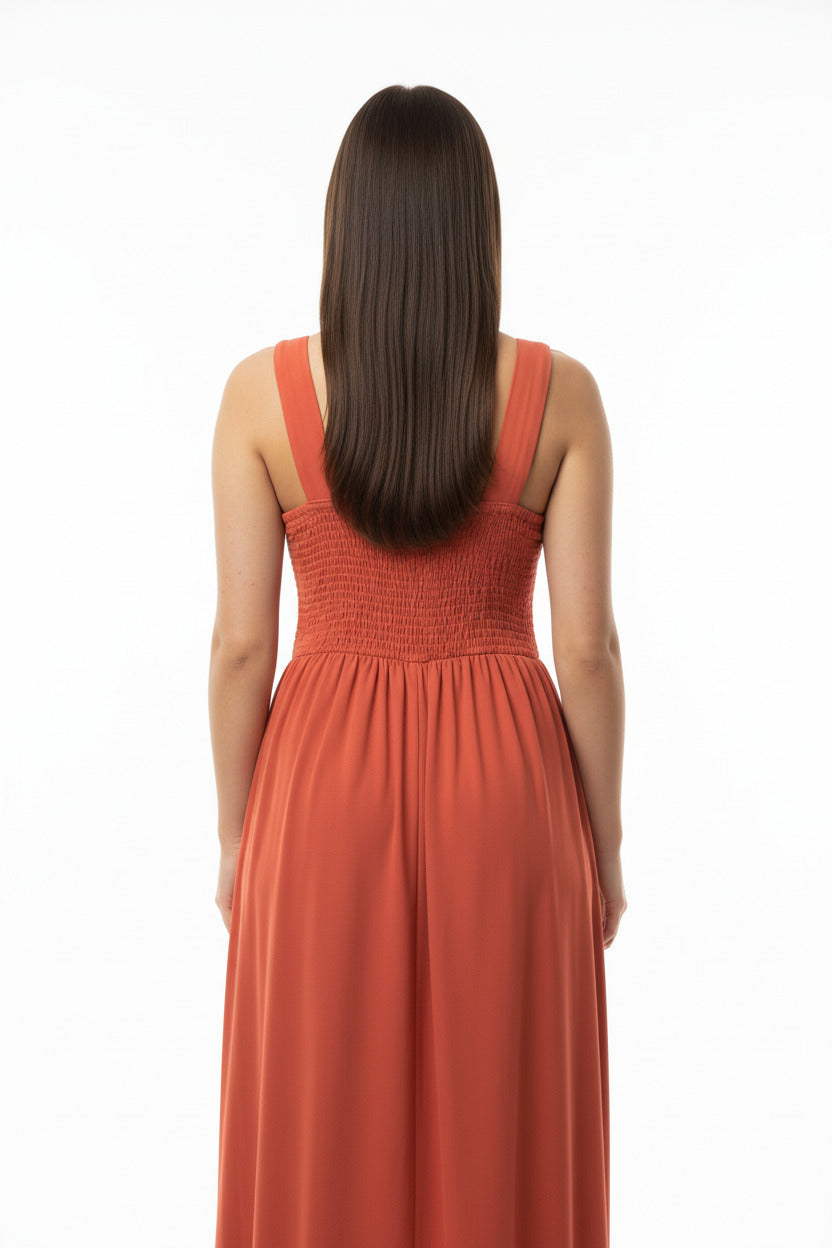 espalda vestido de fiesta  largo talla grande con abertura en la falda teja