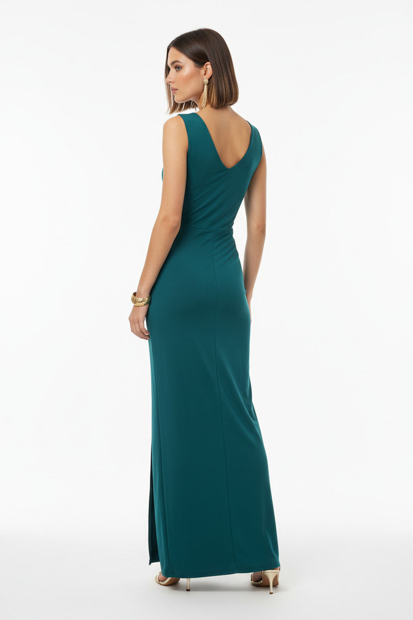 espalda vestido de fiesta largo para invitada escote pico y abertura ne la falda color verde azulado