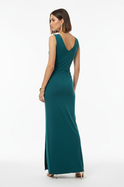 espalda vestido de fiesta largo para invitada escote pico y abertura ne la falda color verde azulado