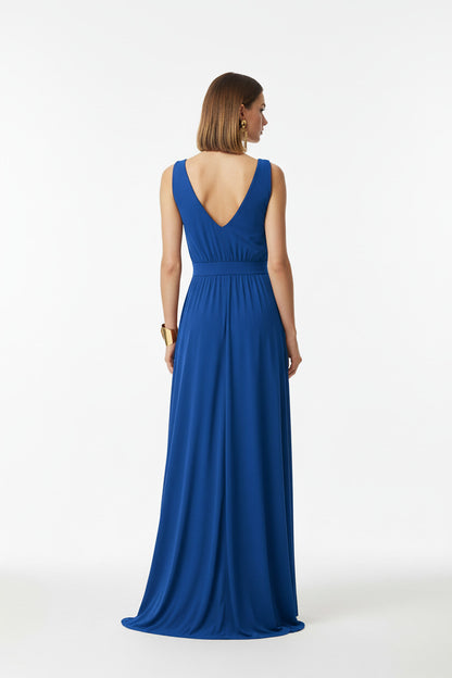 espalda vestido de fiesta largo para eventos escote pico color azul