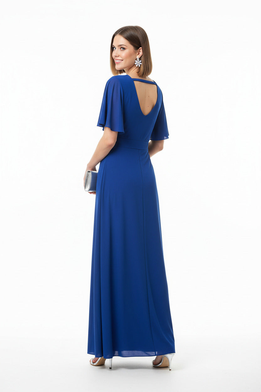 espalda Vestido de Fiesta Largo azul con Manga Corta y Escote Pico de licra