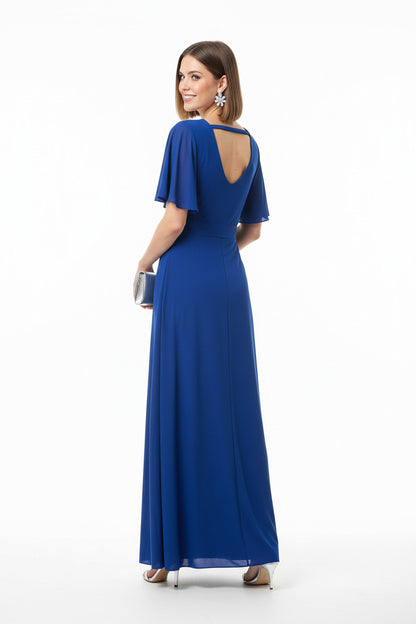 espalda Vestido de Fiesta Largo azul con Manga Corta y Escote Pico de licra