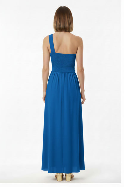 espalda vestido de fiesta largo escote asimetrico marino