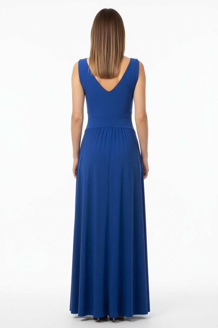espalda vestido de fiesta largo azul con escote pico y abertura en la falda
