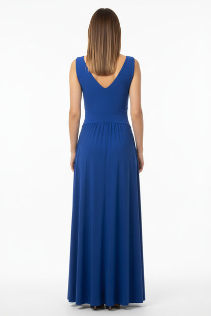 espalda vestido de fiesta largo azul con escote pico y abertura en la falda