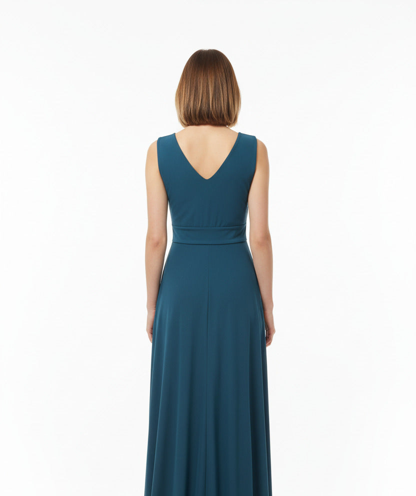 espalda vestido de fiesta largo escote pico con nudo verde azulado