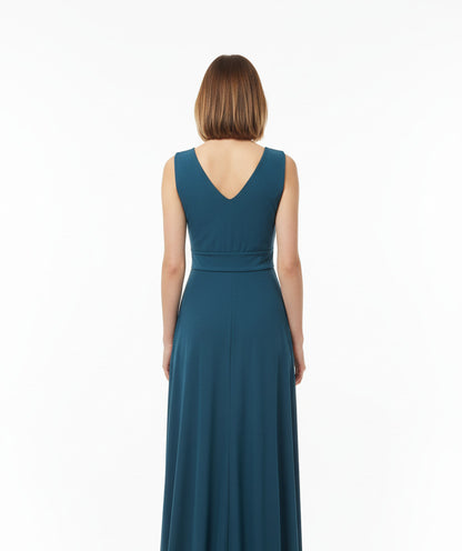 espalda vestido de fiesta largo escote pico con nudo verde azulado