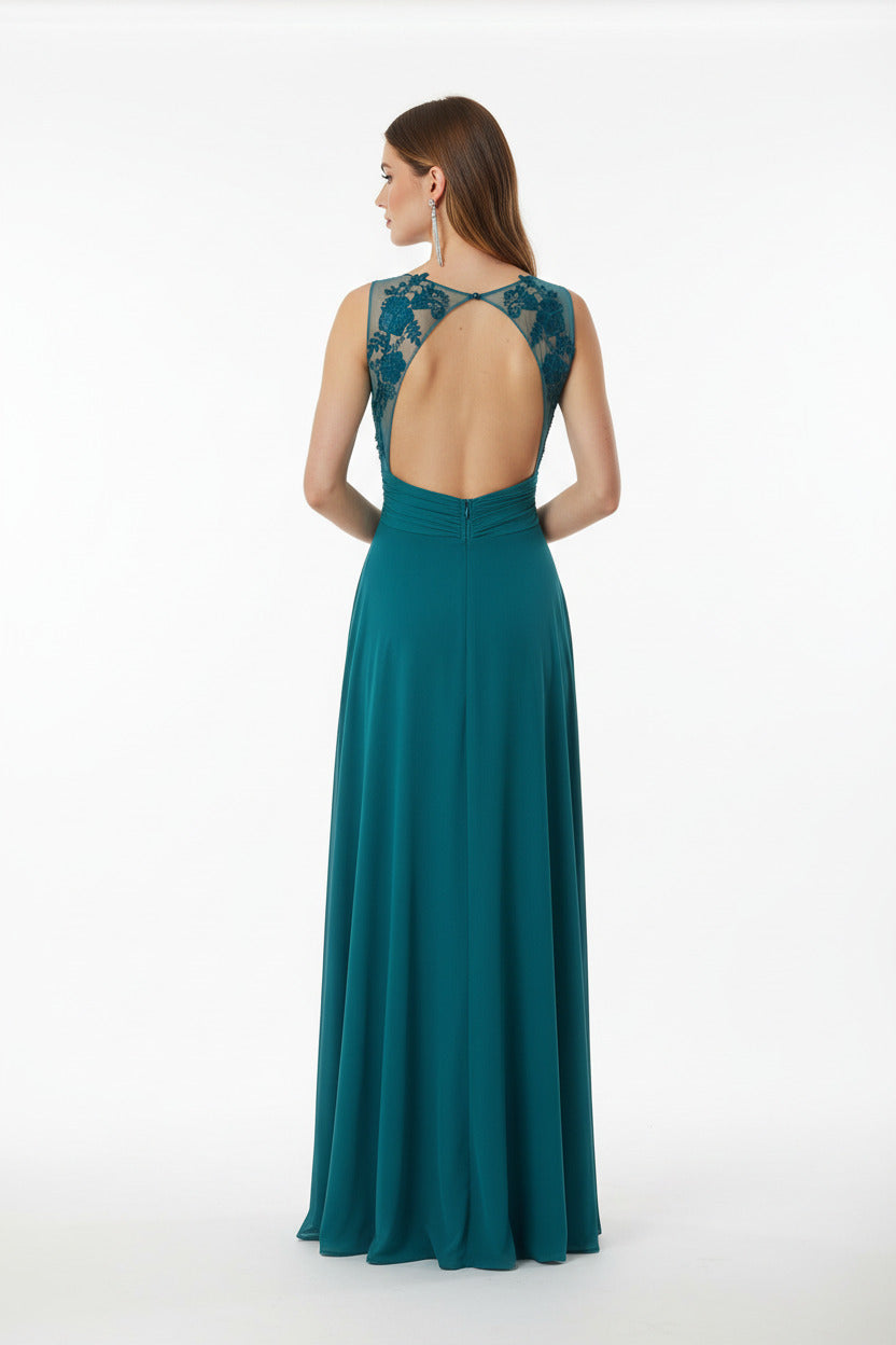 espalda vestido de fiesta largo con espalda descubierta con encaje verde
