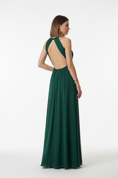 espalda vestido de fiesta largo escote halter y espalda abierta color verde botella