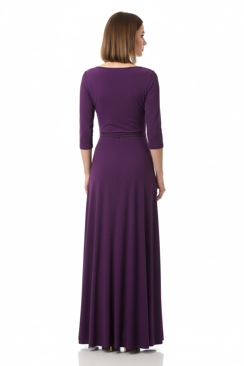 espalda vestido de fiesta largo de licra con manga francesa morado