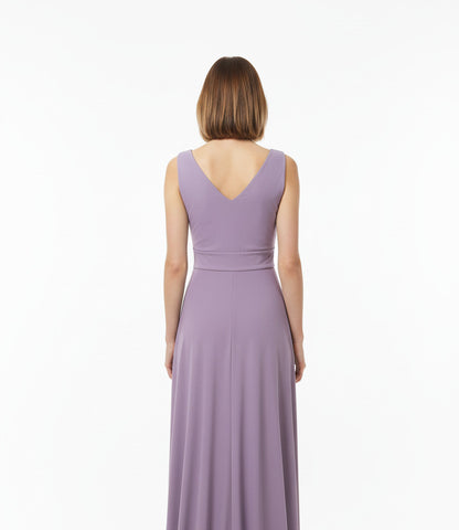 espalda vestido de fiesta largo escote pico con nudo lila
