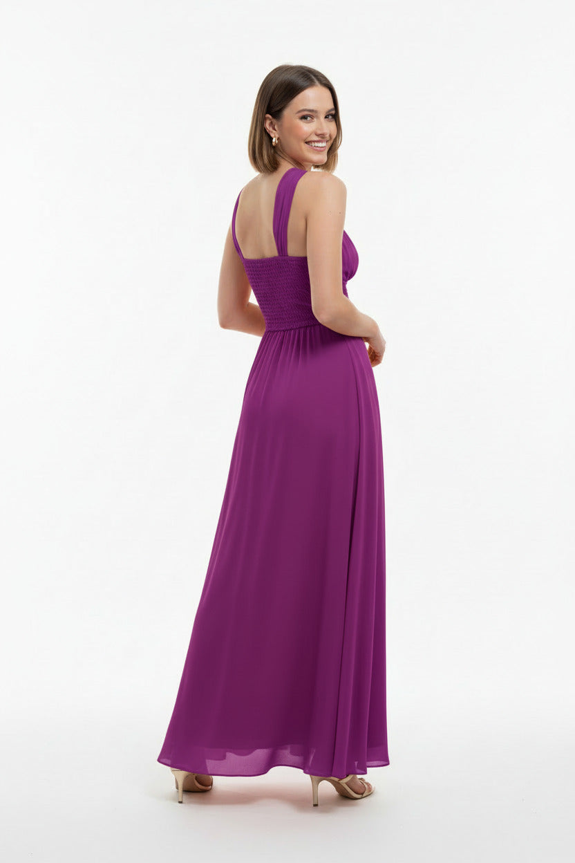espalda vestido de fiesta largo escote asimétrico magenta