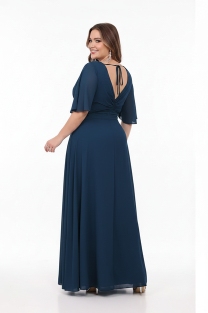 espalda vestido de fiesta largo con manga azul marino