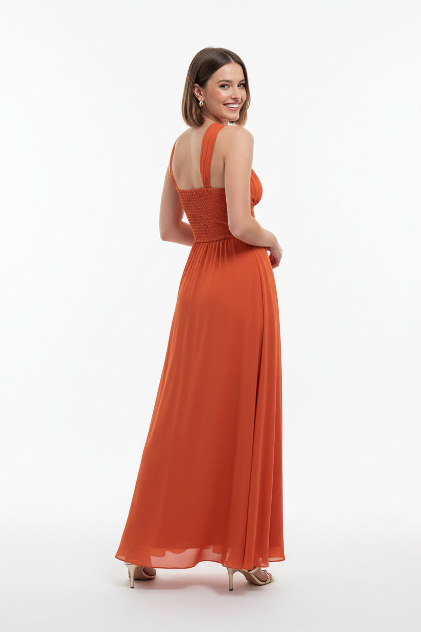 espalda vestido de fiesta largo escote asimétrico naranja
