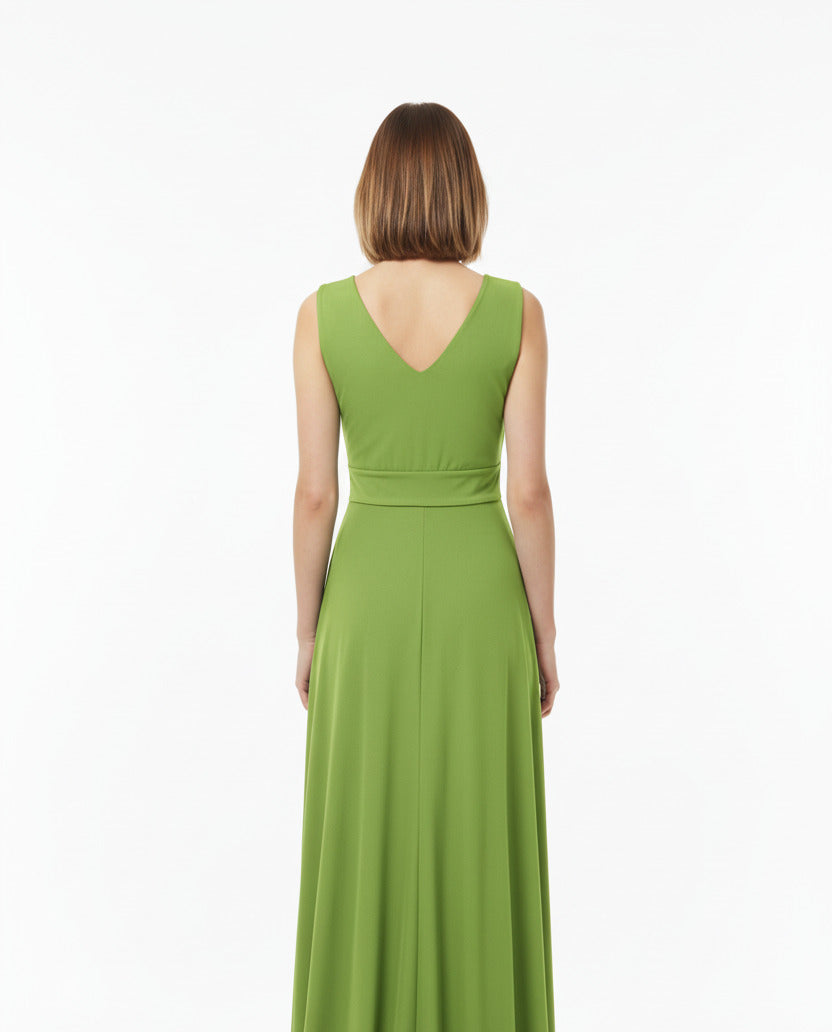 espalda vestido de fiesta largo escote pico con nudo pistacho