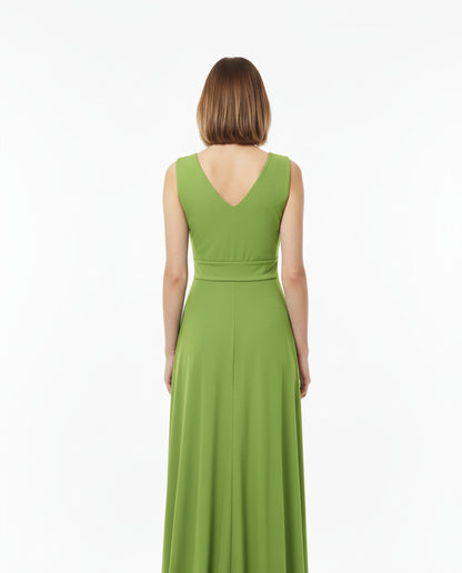 espalda vestido de fiesta largo escote pico con nudo pistacho