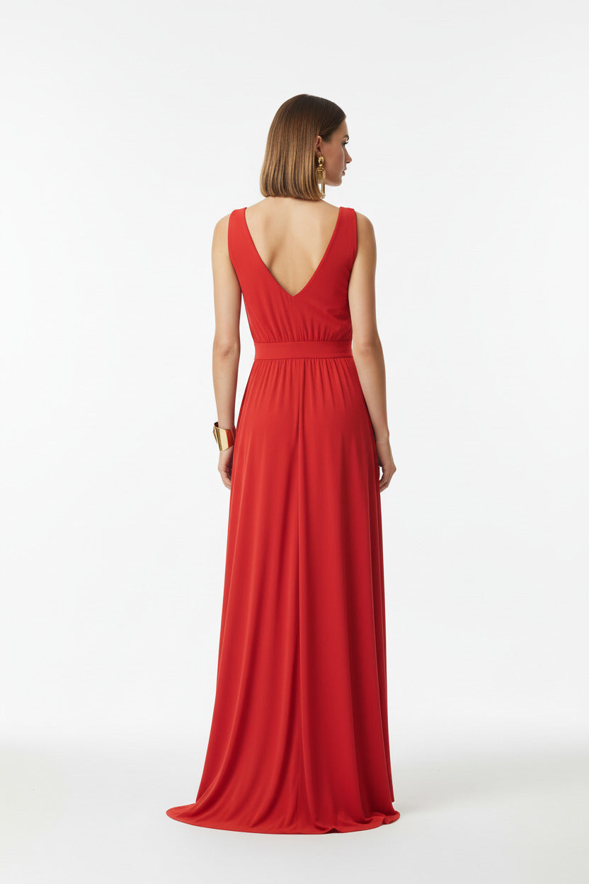 espalda vestido de fiesta largo para eventos escote pico color rojo