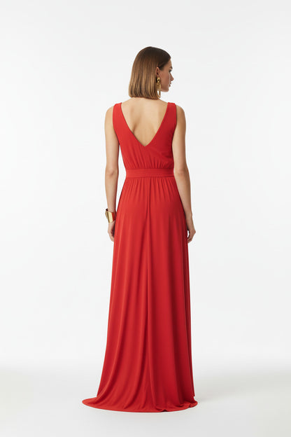 espalda vestido de fiesta largo para eventos escote pico color rojo